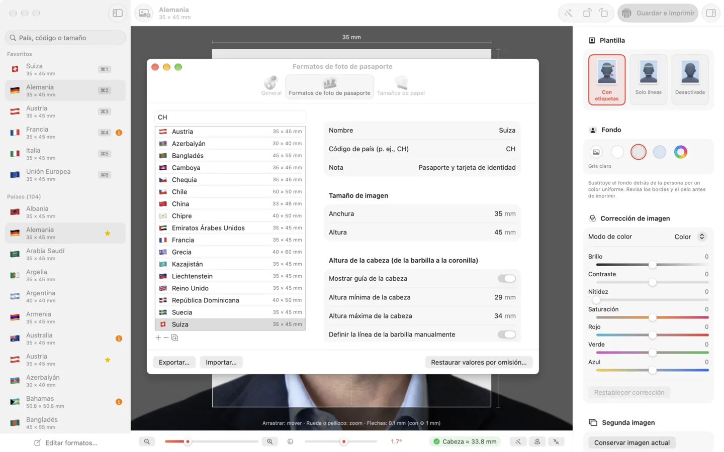 Screenshot: Formatos para muchos países