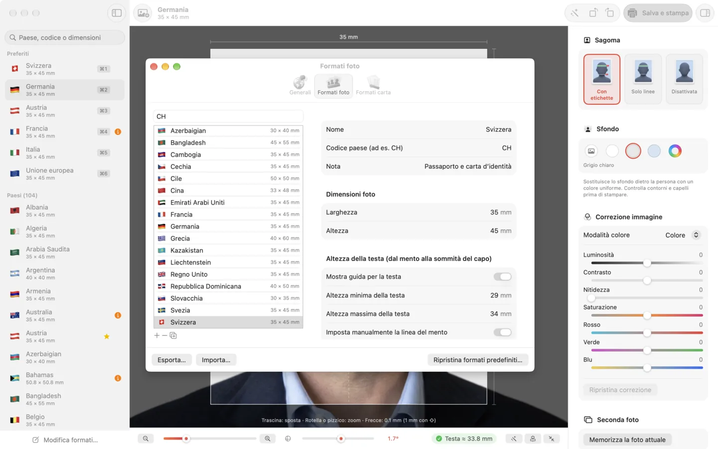 Screenshot: Formati per molti paesi